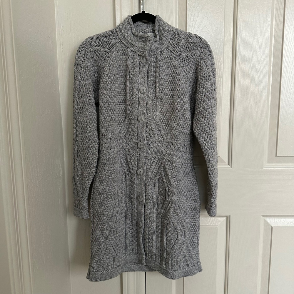 Aran Crafts Ireland 100% Merino Wool Long Cardigan Jacket | Cream Cable Knit XXS